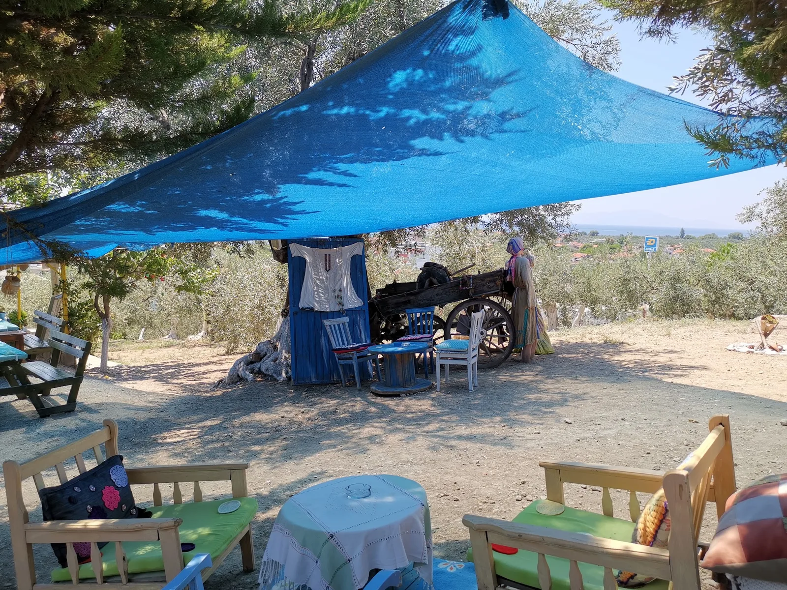 A seating corner around an olive tree under the blue shade sail